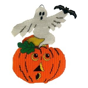 VTG 80's Halloween Handmade Cross Stitch Pumpkin Ghost Decor Large 18" Kitschy